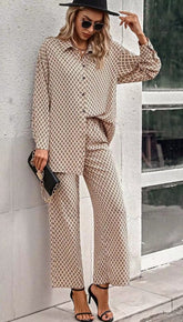 Geometric Print Button Down Shirt & Wide Leg Pants Set Miss Sparkling
